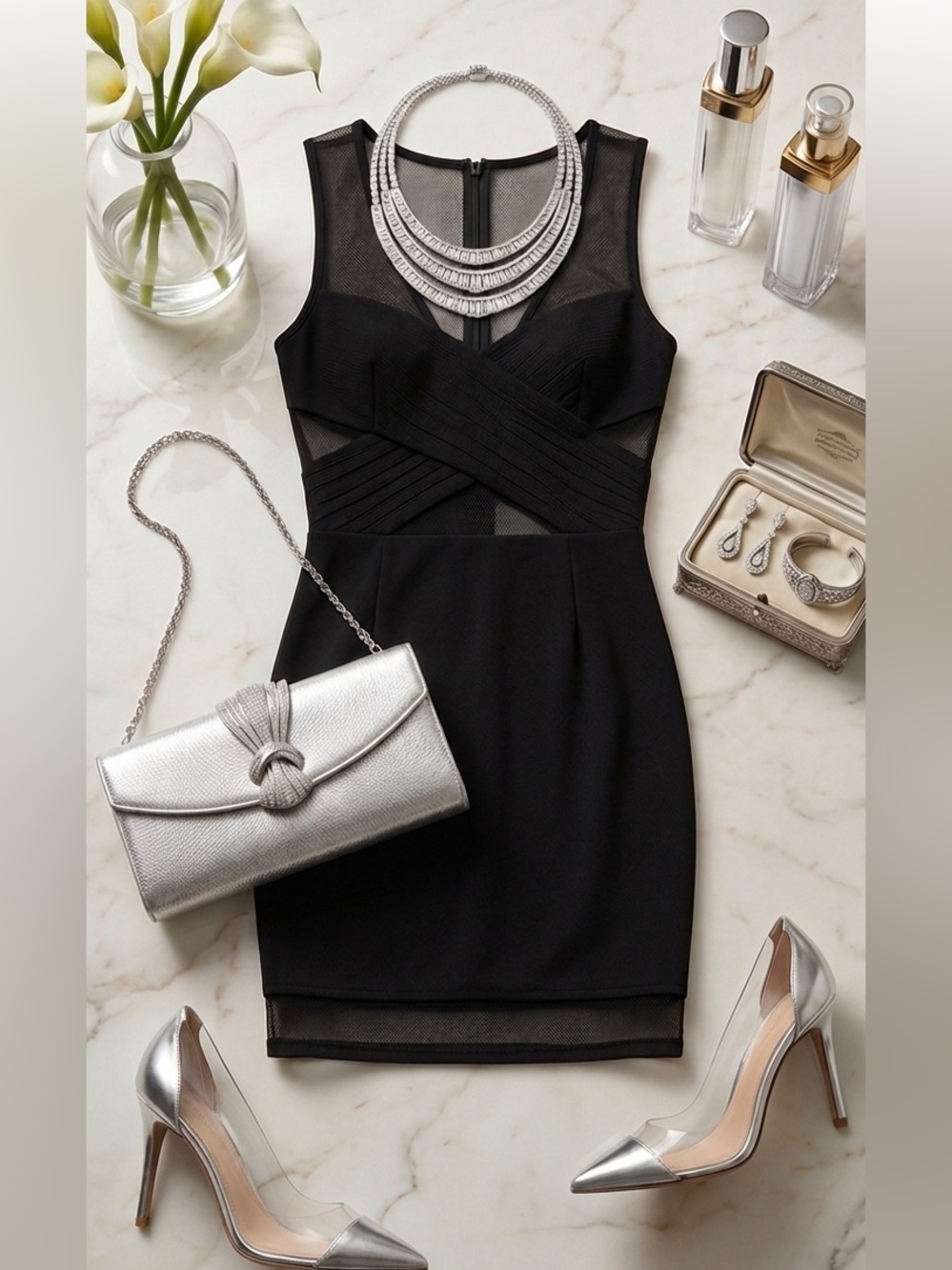 Black Bodycon Cocktail Dress with Luxe Sheer Panels